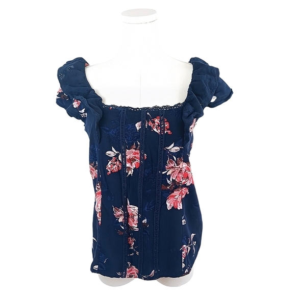 Maurices Navy Floral Ruffle Sleeve Blouse Square Neck Size M - Picture 1 of 4